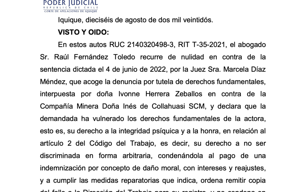 Fallo de Corte de Apelaciones de Iquique rechaza recurso de nulidad interpuesto por CMDIC en caso de vulneración de derechos fundamentales a la trabajadora Ivonne Herrera